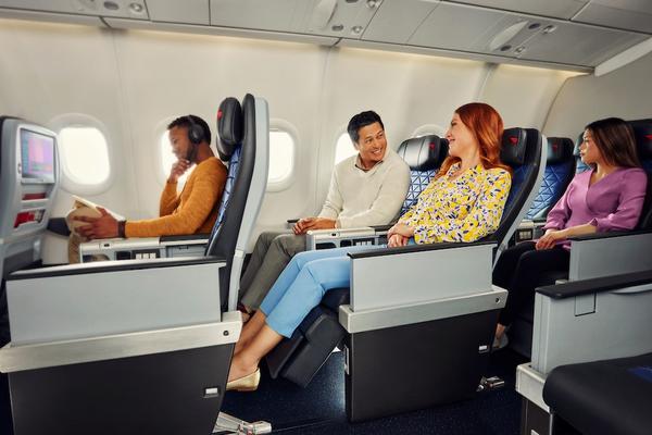 Delta Premium Select offers travelers more space to stretch out and relax with a wider seat, additional recline, and an adjustable footrest and leg rest on most long-haul international flights.