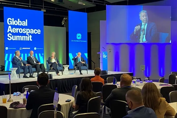 Capt. Patrick Burns speaks on a panel at the U.S. Chamber of Commerce Global Aerospace Summit in September 2022.