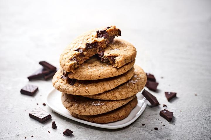 A stack of chocolate chunk and sea salt cookies from Bell's Cookie Co.