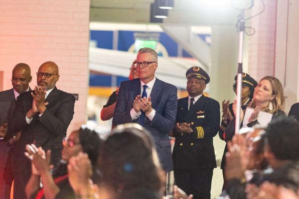 Delta CEO Ed Bastian stands alongside OneTen CEO Maurice Jones at the Delta Flight Musuem, introducing Delta’s formal commitment to OneTen as the Atlanta City Lead.  