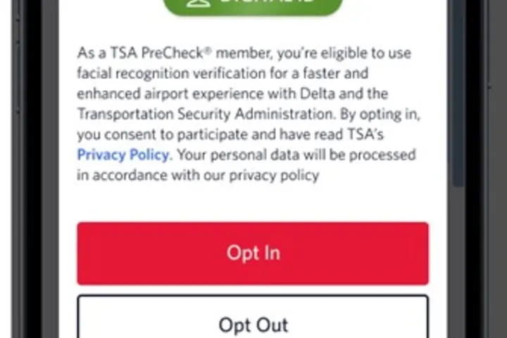 A screen on a phone showing Delta's Digital ID opt-in.