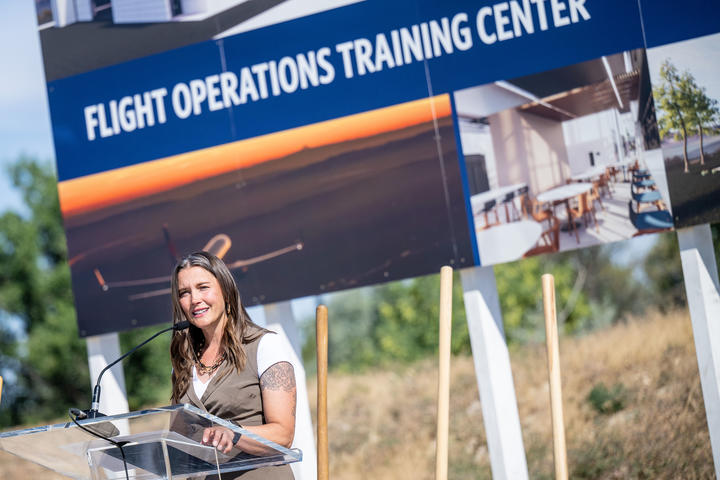 Salt Lake City Mayor Erin Mendenhall speaks at the groundbreaking of Delta's new pilot training facility in its key Mountain West hub, Salt Lake City.