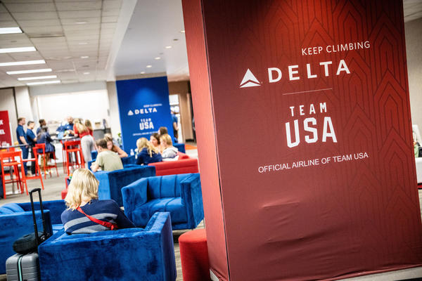 Delta's customized Team USA athlete lounge in the ATL International Terminal.