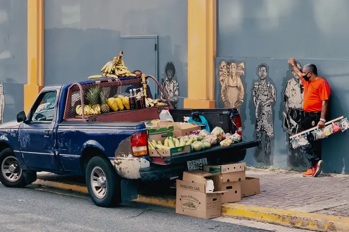 Fruit for sale fills the back of a truck in the Santurce neighborhood in San Juan, Puerto Rico