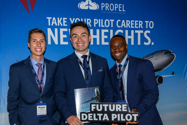 Delta employees Michael Hiett, Andres Martinez and Kermit Obeng join Delta's 2023 Propel Company Path class.