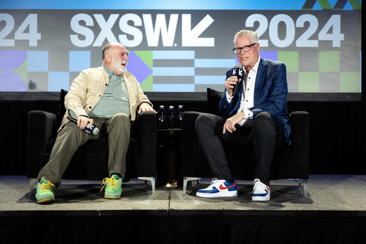 Ed Bastian, Delta Air Lines CEO, interviews chef and humanitarian José Andrés during the second half of the SXSW Featured Session: "People First, Always: How to Put Values at the Heart of your Business" on March 10, 2024. 