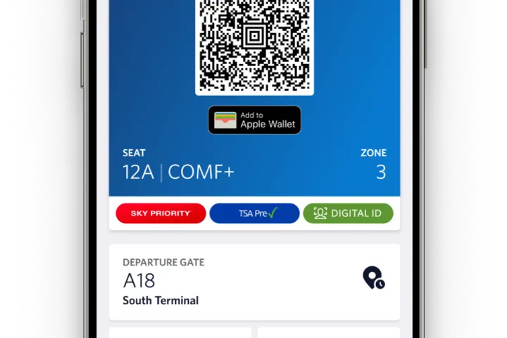 A boarding pass shown in the Fly Delta app