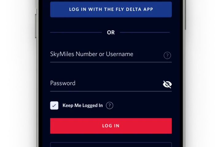 The log-in page on a mobile phone for Delta's fast, free Wi-Fi.