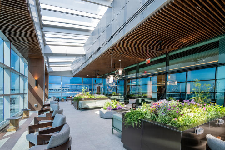 Guests at The Delta Lounge-JFK can enjoy views of the airfield from the Terrace, replete with regional, seasonally updated plants.