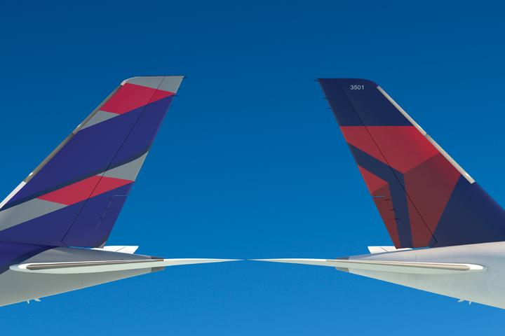 Tails from Delta and LATAM aircraft