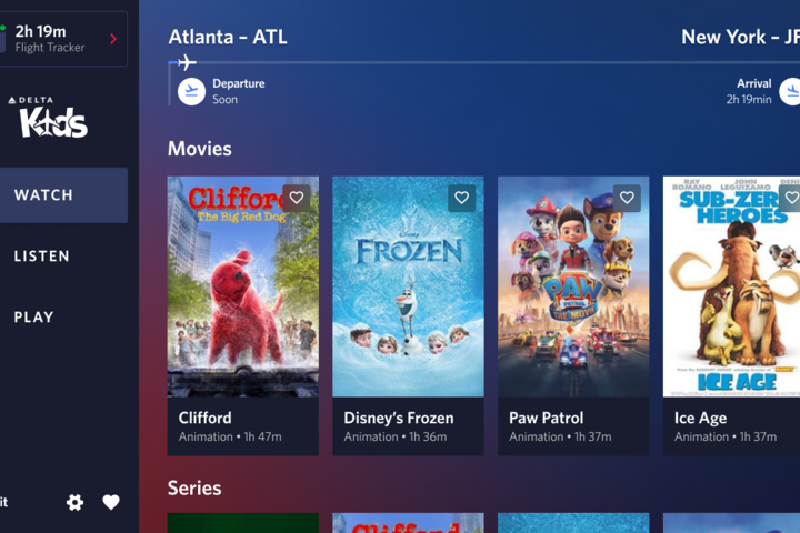 A screen shows the new Delta Sync Kids Experience on seatback entertainment.