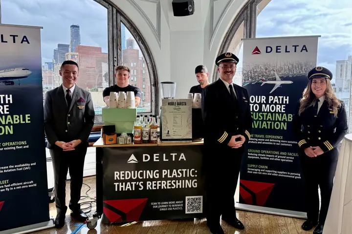 Delta pilots and flight attendants attend New York Climate Week to display Delta's sustainability efforts.