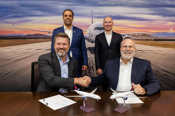 Delta and Saudia leaders during the signing ceremony for their strategic partnership. Back row, from left to right: Ibrahim Al-Omar, Director General (Saudia Group); Alain Bellemare, E.V.P. and President - International (Delta). Front row, from left to right: Arved Von Zur Muehlen, Chief Commercial Officer (Saudia); Perry Cantarutti, S.V.P. - Alliances & International (Delta).