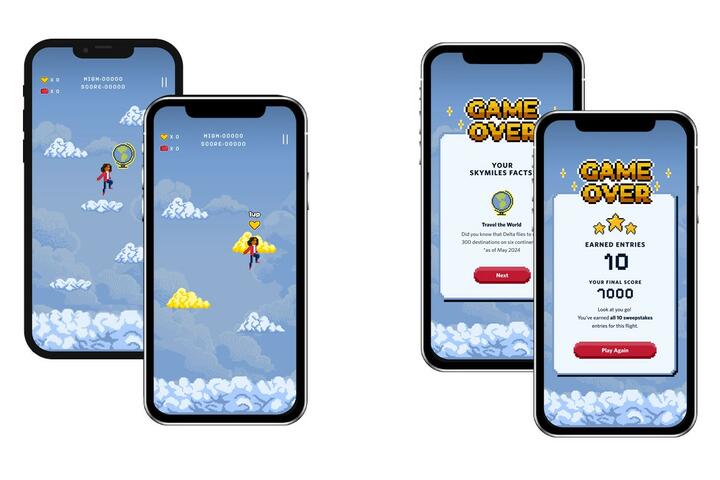 The game screens for Delta's new Sky Hopper game, available onboard for Delta SkyMiles Members through Delta Sync Wi-Fi.