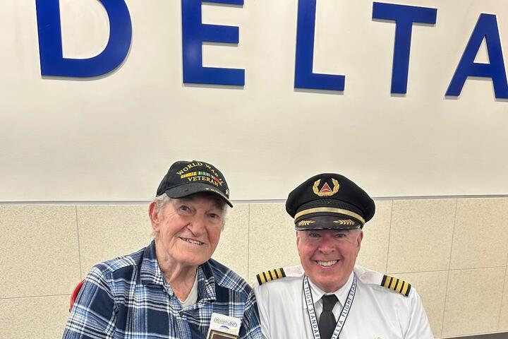 After losing power during Hurricane Helene, WWII Veteran George Sarros flew from Greenville to Atlanta to stay with Delta Pilot Jay Updyke, who co-piloted the flight to Normandy with Livingston. 