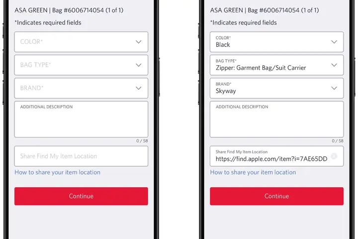 iPhone screens showing fields to generate a Share Item Location link