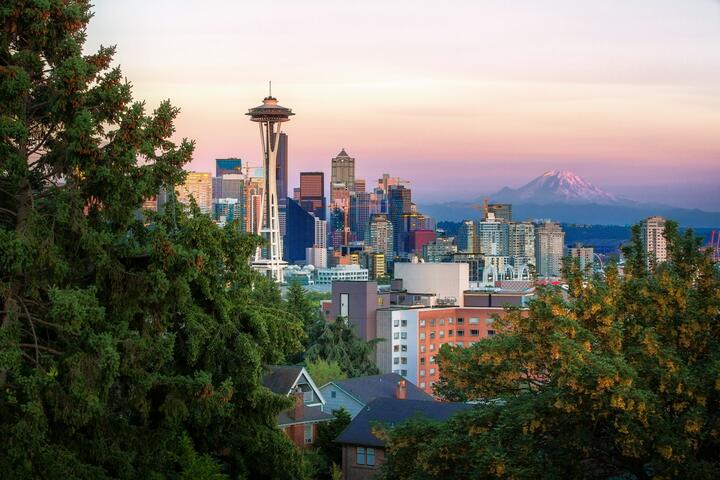 A view of the Seattle skyline featuring the Space Needle and Mt. Rainier