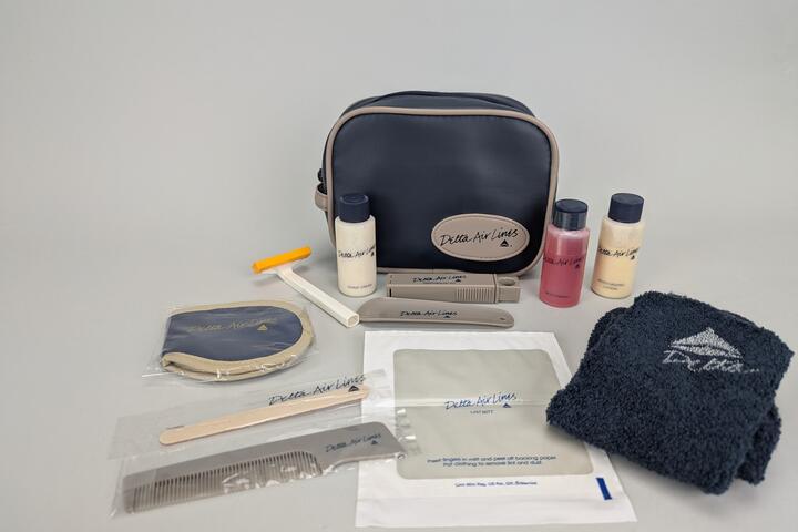 A Delta amenity kit from 1985 and its contents