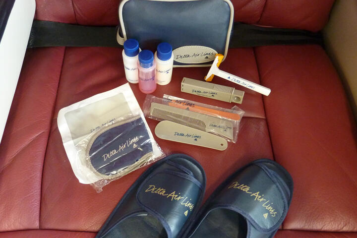 A Delta amenity kit from 1987 and its contents