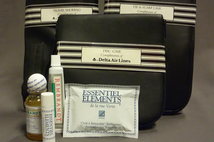 A Delta amenity kit from 1995 and its contents