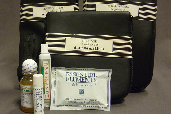 A Delta amenity kit from 1995 and its contents