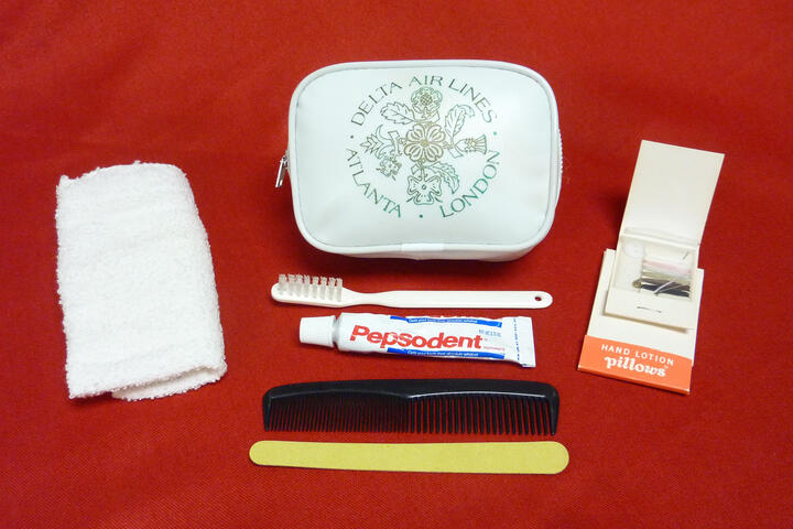 Delta's first amenity kit from 1978 and its contents
