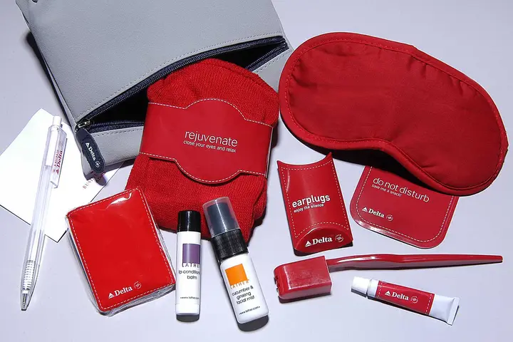A Delta amenity kit from 2006 and its contents