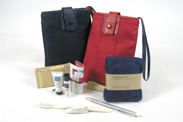 A Delta amenity kit from 2007 and its contents