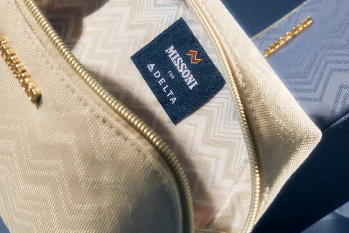 A detail shot of the zig-zag pattern on the Delta x Missoni Delta One amenity kits.