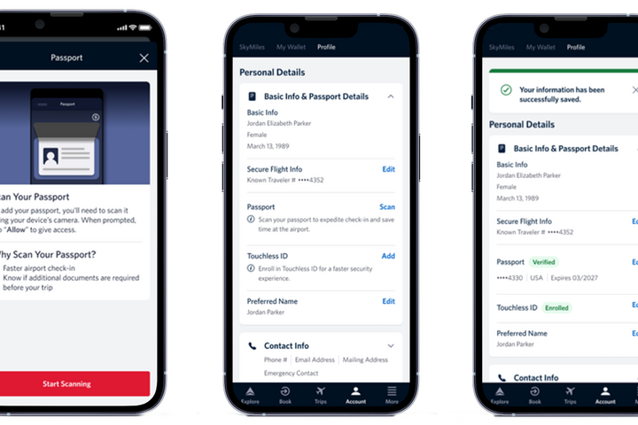 Three app screens showing passport scan prompt, personal details form, and confirmation message.