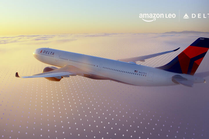 A Delta jet flies above a cloud layer at sunset, with a faint digital grid pattern overlaid across the sky.