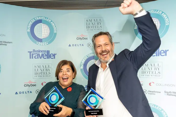 Nadia Clinton, Delta’s U.K. and Ireland Sales Manager, celebrates Delta's Business Traveller's award with Tom Maynard, Head of Corporate Sale from our JV partner Virgin Atlantic.