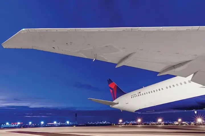 The tail and wing of a Boeing 767-400ER