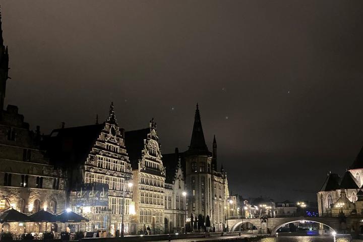 A nighttime view of the town of Ghent near Brussels