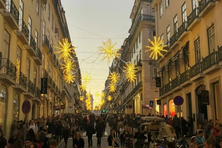 A lit up street in Lisbon, Portugal