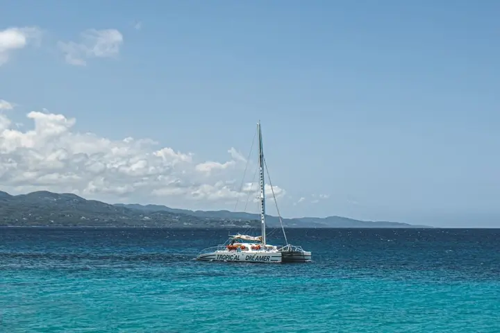 A boat sits on the waters of Montego Bay, Jamaica.