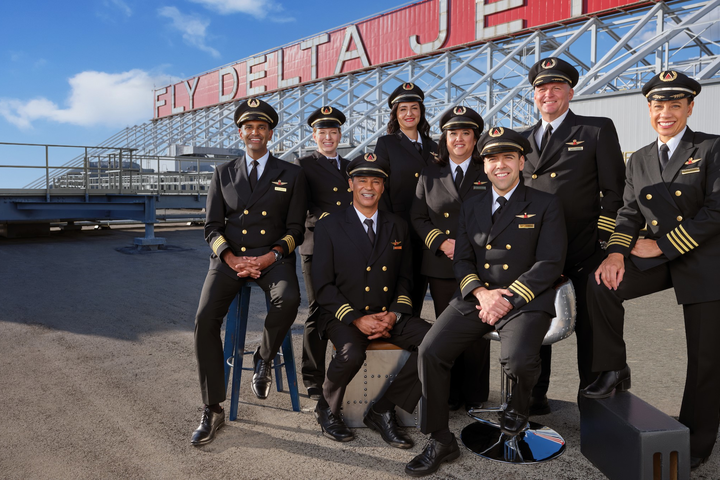 Delta pilots pose in front of a "Fly Delta Jets" sign.
