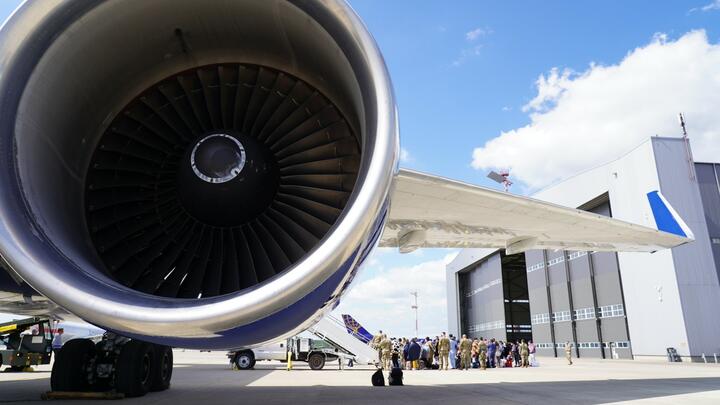 Passengers board a flight at Ramstein Air Base.