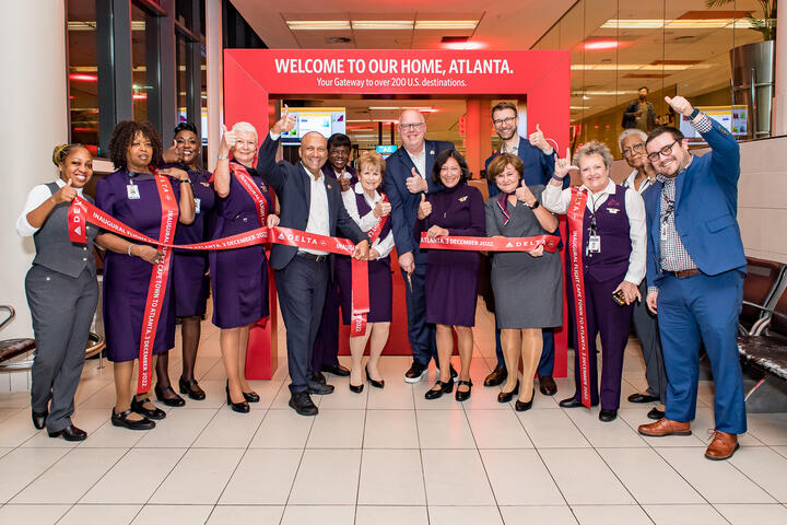 Delta people celebrate the airline's first flight from Cape Town, South Africa to Atlanta, Georgia, United States.