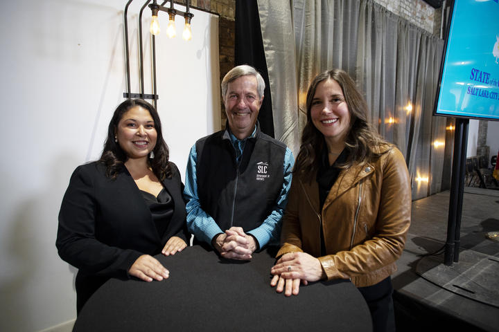 Left to Right: Sarah Gonzales, Director of State & Local Government Affairs, Delta; Bill Wyatt, Executive Director, Salt Lake City Department of Airports; Mayor Erin Mendenhall, Salt Lake City