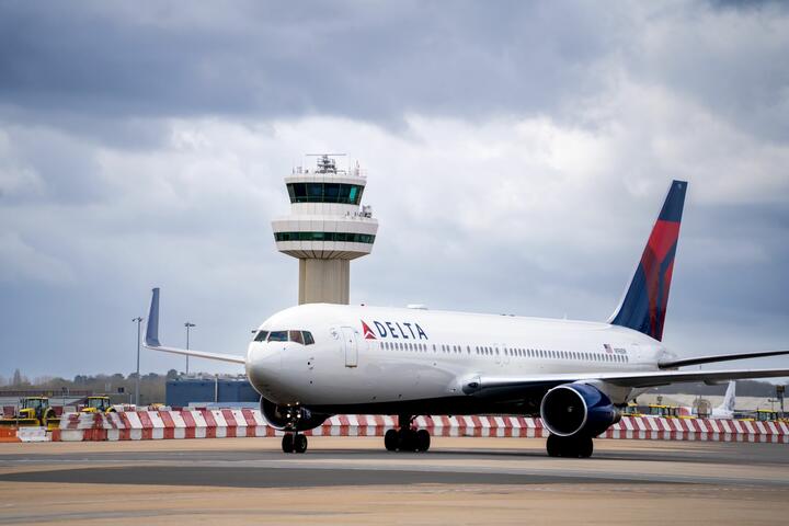 A Delta Air Lines Boeing 767 taxis at London's Gatwick Airport (LGW).