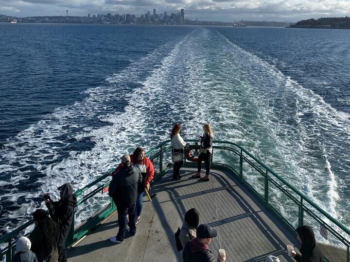 The view from a ferry as it crosses Puget Sound.