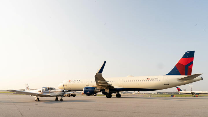 Pilots Barry Behnfeldt and Aaron Wilson, along with maintenance technician Thomas Twiddy make a stop at Hartsfield-Jackson Atlanta International Airport (ATL) during their 48N48 mission -- an attempt to land in all 48 of the contiguous states within 48 hours. They were greeted by Delta Chief of Operations John Laughter.