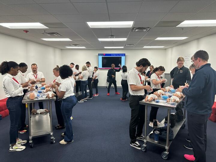 Delta flight attendant trainees receiving classroom instruction.