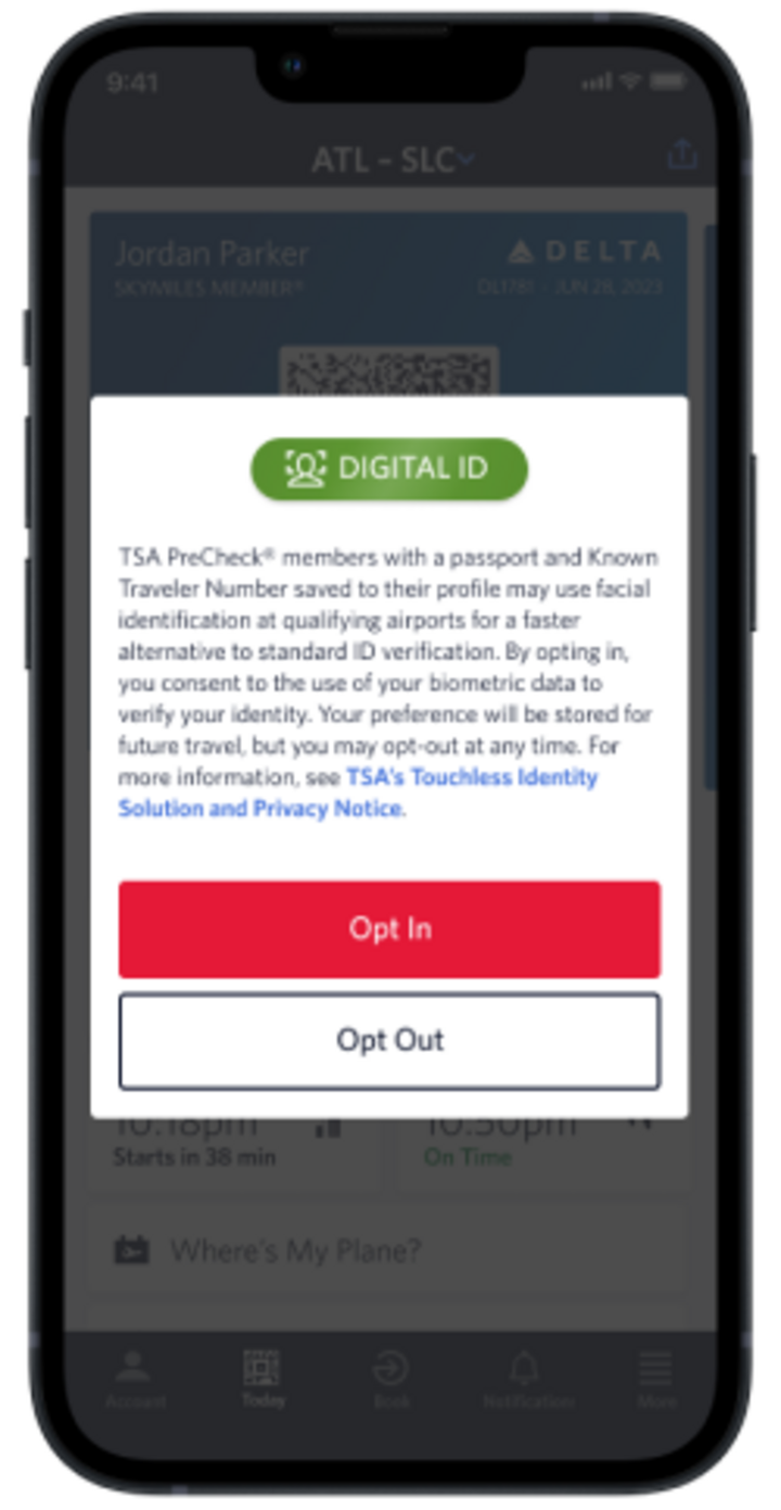 A screen showing the message customers will receive on their iPhone if eligible for Delta Digital ID.