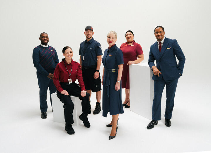 A group shot of the prototypes for Delta's all-new, modern uniform collection.