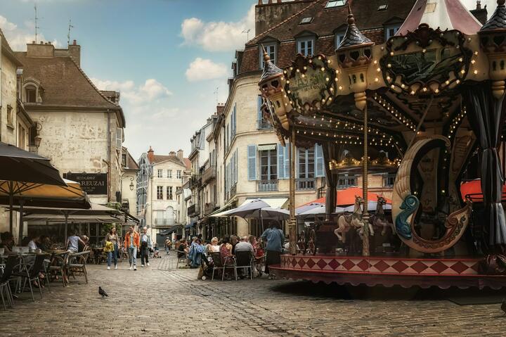 A cobblestone street in the medieval city of Dijon, France