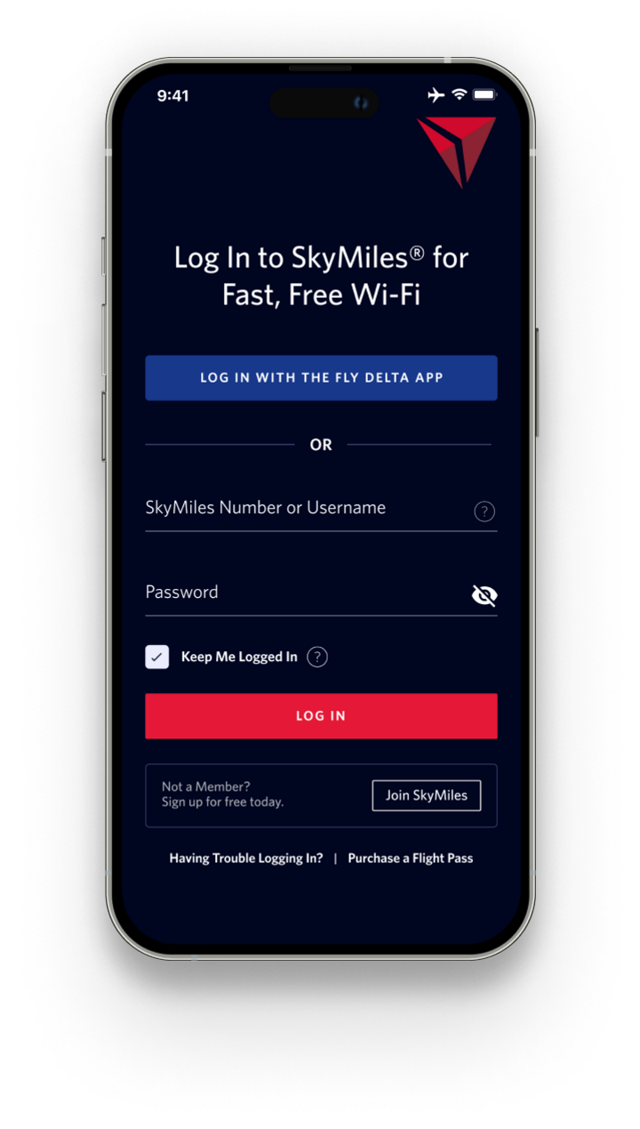 The log-in page on a mobile phone for Delta's fast, free Wi-Fi.