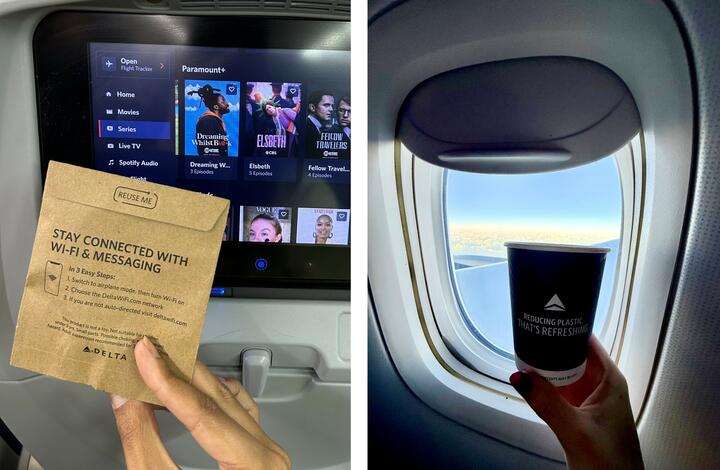 Images of Delta's sustainable onboard products - kraft paper earbud packaging and new paper cup.