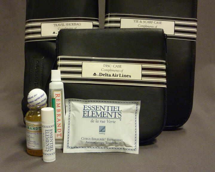 A Delta amenity kit from 1995 and its contents